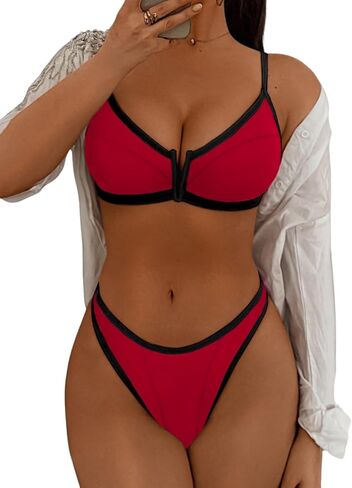 Sexy Women V-Wire 2 Piece Bikini Set, Scoop Neck Brazilian Thong High Cut Color Block Swimsuit, Vacation Beach Outfit in Saudi Arabia