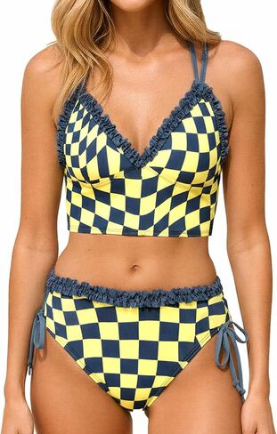 طقم بيكيني نسائي من ROSEWE، بلوزة برقبة على شكل حرف V مع سراويل داخلية متوسطة الخصر، ملابس سباحة مكشكشة من قطعتين in Kuwait