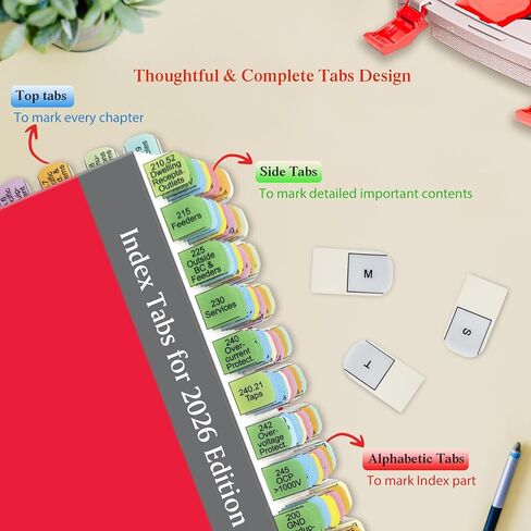 علامات تبويب الفهرس لعام 2026 NEC (الكتاب غير متضمن)، علامات تبويب الرموز الكهربائية العلوية + الجانبية، مطبوعة براقة مع علامات تبويب فارغة، مرمزة بالألوان ومغلفة، مع مخطط سلكي وملصقات قانون 2 أوم وأرقام الصفحات in Kuwait