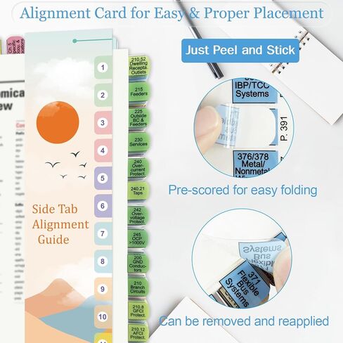 علامات تبويب الفهرس لعام 2026 NEC (الكتاب غير متضمن)، علامات تبويب الرموز الكهربائية العلوية + الجانبية، مطبوعة براقة مع علامات تبويب فارغة، مرمزة بالألوان ومغلفة، مع مخطط سلكي وملصقات قانون 2 أوم وأرقام الصفحات in Kuwait