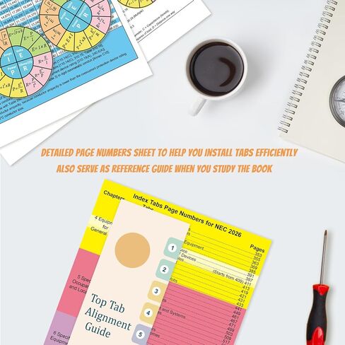 علامات تبويب الفهرس لعام 2026 NEC (الكتاب غير متضمن)، علامات تبويب الرموز الكهربائية العلوية + الجانبية، مطبوعة براقة مع علامات تبويب فارغة، مرمزة بالألوان ومغلفة، مع مخطط سلكي وملصقات قانون 2 أوم وأرقام الصفحات in Kuwait