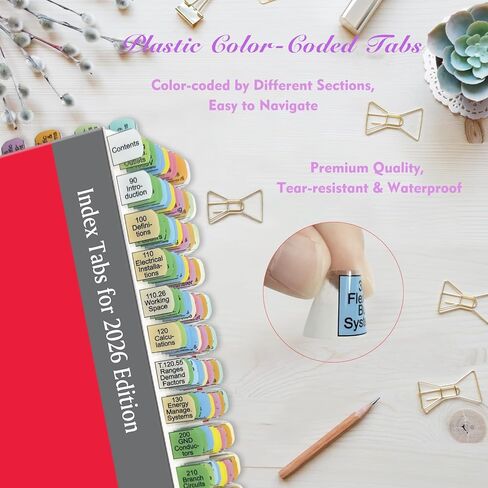 علامات تبويب الفهرس لعام 2026 NEC (الكتاب غير متضمن)، علامات تبويب الرموز الكهربائية العلوية + الجانبية، مطبوعة براقة مع علامات تبويب فارغة، مرمزة بالألوان ومغلفة، مع مخطط سلكي وملصقات قانون 2 أوم وأرقام الصفحات in Kuwait