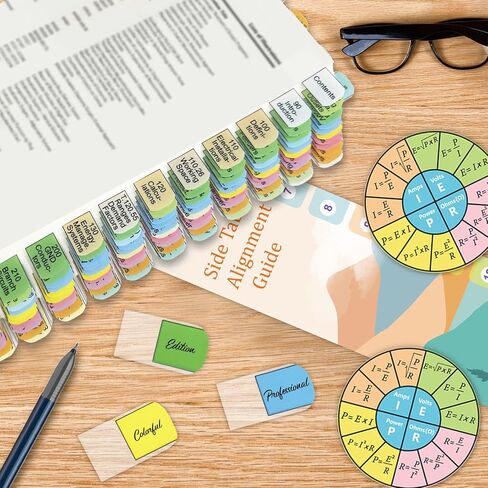 علامات تبويب الفهرس لعام 2026 NEC (الكتاب غير متضمن)، علامات تبويب الرموز الكهربائية العلوية + الجانبية، مطبوعة براقة مع علامات تبويب فارغة، مرمزة بالألوان ومغلفة، مع مخطط سلكي وملصقات قانون 2 أوم وأرقام الصفحات in Kuwait