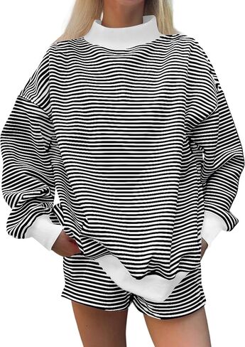Women Mock Neck Sweatshirt Oversized Mockneck Striped Long Sleeve Pullover 2026 Fall Spring Casual Lounge Tops in Saudi Arabia
