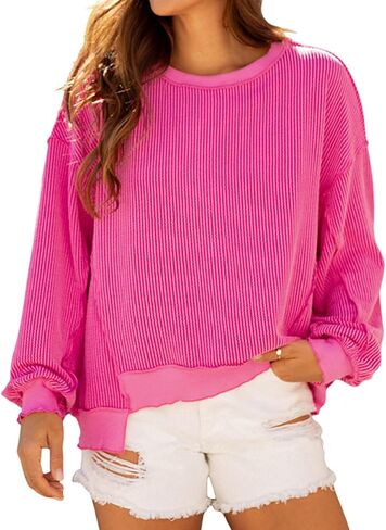 سترة نسائية كبيرة الحجم من FAIMILORY بياقة دائرية وأكمام طويلة وبلوك ملون، سترة فضفاضة غير رسمية ملابس Y2K in Kuwait