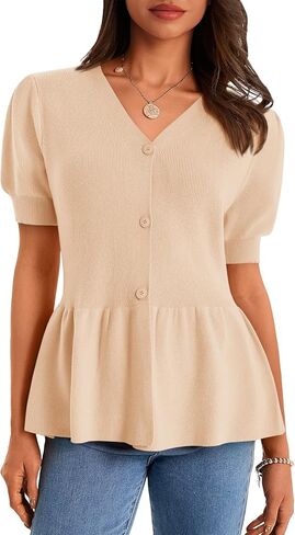 Cicy Bell Womens Short Puff Sleeve Sweater Cardigan V Neck Summer Button Down Sweaters Peplum Cute Knit Babydoll Tops in Saudi Arabia