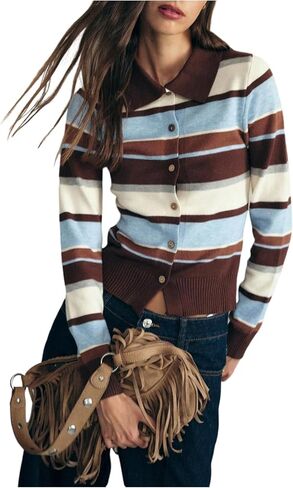 Women's Collared Striped Cardigans Button Down Long Sleeve Cropped Sweaters Preppy Outfits in Saudi Arabia
