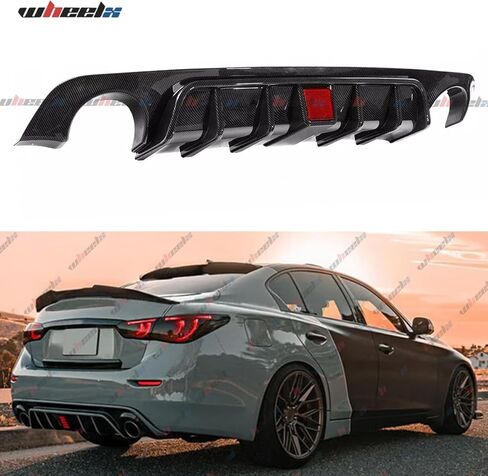 ناشر خلفي مع ضوء فرامل أحمر LED متوافق مع 2018-2024 Infiniti Q50، مصد خلفي مناسب لـ 2018 2019 2020 2021 2022 2023 2024 4 أبواب (نمط ألياف الكربون) in Saudi Arabia