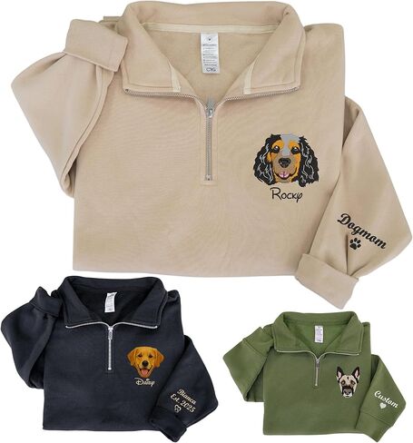 Custom Embroidered Quarter Zip Sweatshirt - Personalized Dog/Cat Portrait from Photo with Name/Text on Chest & Sleeve - Pet Lover Gifts for Women, Men, Dog Moms, Mother's Day, Christmas in Saudi Arabia