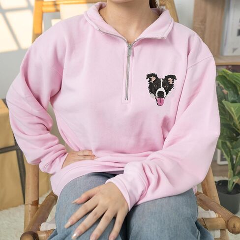 Custom Embroidered Quarter Zip Sweatshirt - Personalized Dog/Cat Portrait from Photo with Name/Text on Chest & Sleeve - Pet Lover Gifts for Women, Men, Dog Moms, Mother's Day, Christmas in Saudi Arabia