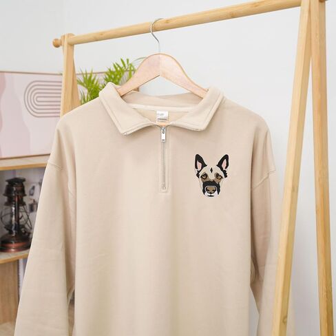 Custom Embroidered Quarter Zip Sweatshirt - Personalized Dog/Cat Portrait from Photo with Name/Text on Chest & Sleeve - Pet Lover Gifts for Women, Men, Dog Moms, Mother's Day, Christmas in Saudi Arabia