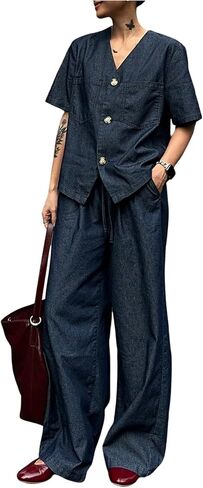 WDIRARA Women's 2 Piece Denim Outfits V Neck Button Down Shirt Wide Leg Pants Set in Saudi Arabia