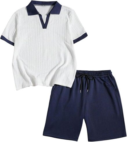 SHENHE Men's Summer Outfits 2 Piece Textured Short Sleeve Golf Shirt and Shorts Set Tracksuit in Saudi Arabia