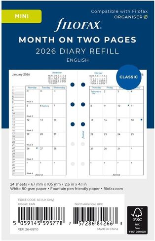 Filofax Calendar Diary Refill, Mini Size, Month-to-View, White Paper, English, 2026 (C68110-26) in Saudi Arabia