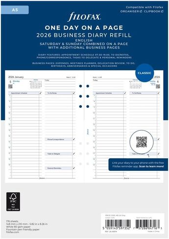 Filofax Calendar Diary Refill, A5 Size, One Day on One Page with Appointments, Business Diary, White Paper, English, 2026 (C68519-26) in Saudi Arabia
