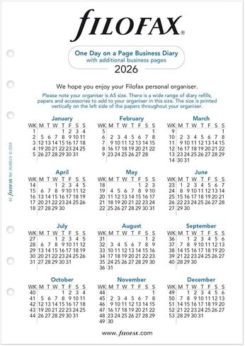 Filofax Calendar Diary Refill, A5 Size, One Day on One Page with Appointments, Business Diary, White Paper, English, 2026 (C68519-26) in Saudi Arabia