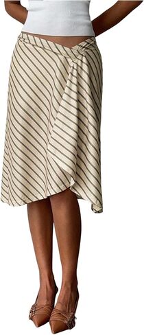 GORGLITTER Women's Striped Asymmetrical Draped Midi Skirts Low Waist Flowy Business Casual Work Ruffle Skirt in Saudi Arabia