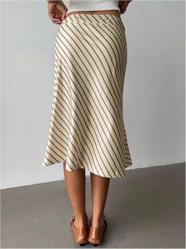 GORGLITTER Women's Striped Asymmetrical Draped Midi Skirts Low Waist Flowy Business Casual Work Ruffle Skirt in Saudi Arabia