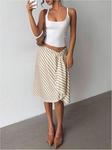 GORGLITTER Women's Striped Asymmetrical Draped Midi Skirts Low Waist Flowy Business Casual Work Ruffle Skirt in Saudi Arabia
