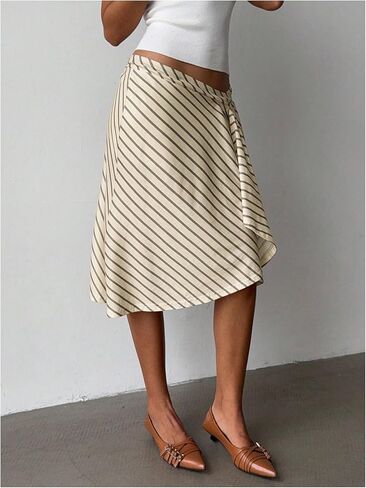 GORGLITTER Women's Striped Asymmetrical Draped Midi Skirts Low Waist Flowy Business Casual Work Ruffle Skirt in Saudi Arabia