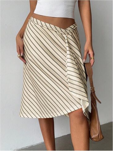 GORGLITTER Women's Striped Asymmetrical Draped Midi Skirts Low Waist Flowy Business Casual Work Ruffle Skirt in Saudi Arabia