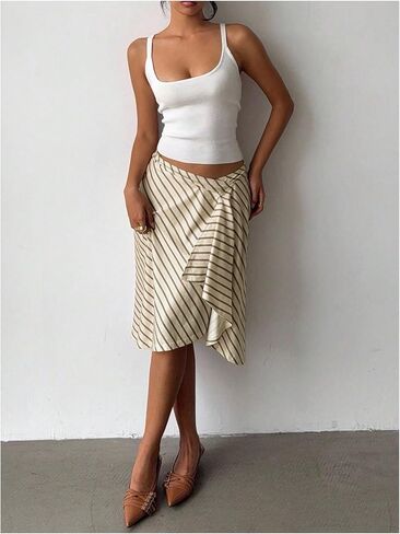 GORGLITTER Women's Striped Asymmetrical Draped Midi Skirts Low Waist Flowy Business Casual Work Ruffle Skirt in Saudi Arabia