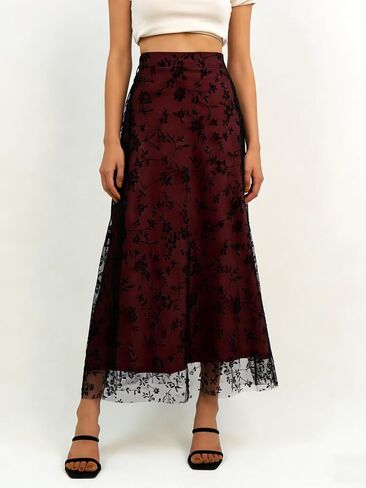 Women's Elegant Floral Print Maxi Skirt Wine Red Satin A-Line Long Skirt with Sheer Mesh Overlay Flowy Midi Skirt for Casual in Saudi Arabia