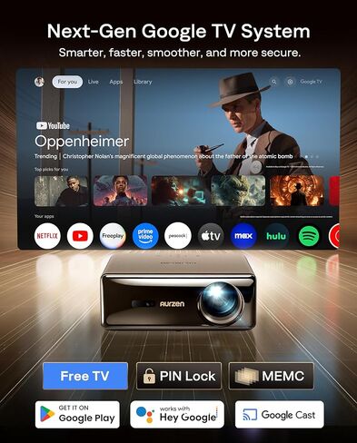 جهاز عرض ذكي من Aurzen EAZZE D1 MAX يدعم Google TV بدقة 4K، فائق السطوع 1000 ANSI Lumens، تقنية MEMC، أوتوماتيكي بالكامل، صوت Dolby 20 وات، جهاز عرض أفلام المسرح المنزلي مع WiFi وBluetooth in Saudi Arabia