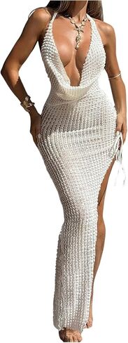 Milumia Women's Crochet Swimsuit Cover Up Sexy Deep V Neck High Slit Bodycon Long Beach Dresses in Saudi Arabia