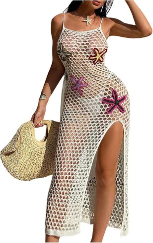 فستان نسائي من Verdusa بتصميم نجم البحر مجوف من Boho Beach يغطي الفخذ وفتحة من الكروشيه الشفاف in Kuwait