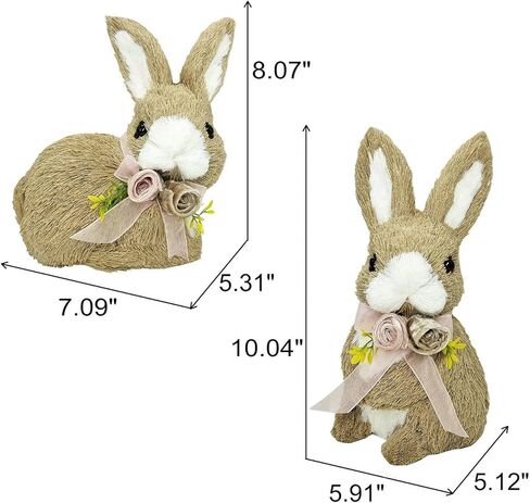 Naturevibe 10 بوصة السيزال الأرنب ديكور عيد الفصح، مجموعة من 2 أرنب عيد الفصح مع القوس الأزهار كديكور الربيع، حيوانات المزرعة الزخرفية كديكورات المنزل in Kuwait