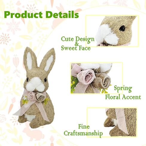 Naturevibe 10 بوصة السيزال الأرنب ديكور عيد الفصح، مجموعة من 2 أرنب عيد الفصح مع القوس الأزهار كديكور الربيع، حيوانات المزرعة الزخرفية كديكورات المنزل in Kuwait