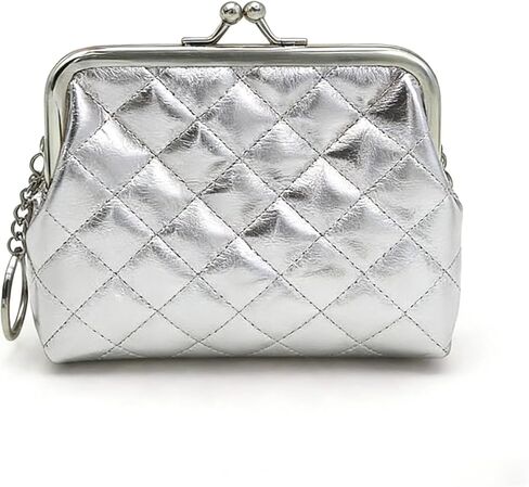 محفظة عملات معدنية صغيرة من الجلد المعيني بقفل قبلة مع سلسلة مفاتيح، وحقيبة تغيير صغيرة معدنية لامعة للنساء، وحامل للنقود والبطاقات (فضي) in Kuwait