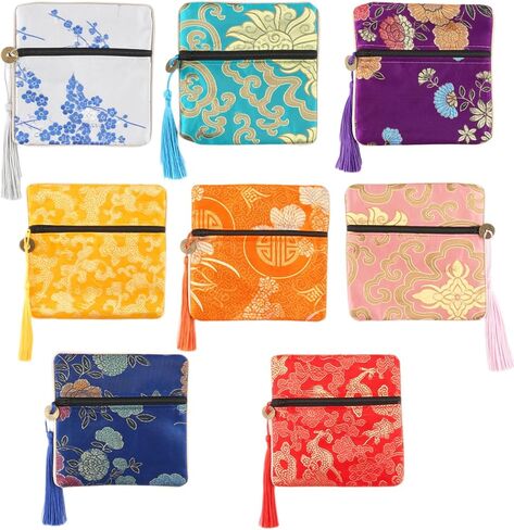 8 Pcs Chinese Silk Brocade Jewelry Pouch with Zipper, Embroidered Coin Purse Gift Bags with Tassel for Women, Wedding Party Favors, Jewelry Organizer for Necklaces Earrings Bracelets (Multi-Color) in Saudi Arabia