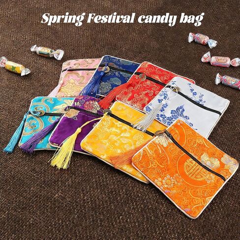 8 Pcs Chinese Silk Brocade Jewelry Pouch with Zipper, Embroidered Coin Purse Gift Bags with Tassel for Women, Wedding Party Favors, Jewelry Organizer for Necklaces Earrings Bracelets (Multi-Color) in Saudi Arabia