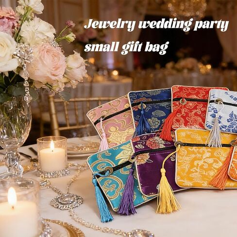 8 Pcs Chinese Silk Brocade Jewelry Pouch with Zipper, Embroidered Coin Purse Gift Bags with Tassel for Women, Wedding Party Favors, Jewelry Organizer for Necklaces Earrings Bracelets (Multi-Color) in Saudi Arabia