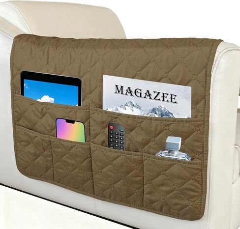 Remote Control Holder, Sofa Armrest Bedside Organizer Arm Chair for Recliner Armchair Caddy Couch, Non-Slip Armchair Caddy Storage with 6 Pockets for Magazine, Tablet, Phone, Brown in Kuwait