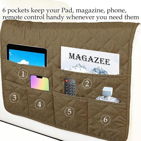 Remote Control Holder, Sofa Armrest Bedside Organizer Arm Chair for Recliner Armchair Caddy Couch, Non-Slip Armchair Caddy Storage with 6 Pockets for Magazine, Tablet, Phone, Brown in Kuwait