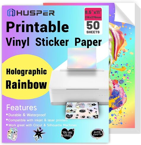 Holographic Rainbow Vinyl Sticker Paper, 8.5 x 11 Inches, Printable Waterproof, Compatible with Inkjet, Laser Printers, Cricut, Silhouette (50 Sheets Rainbow) in Saudi Arabia
