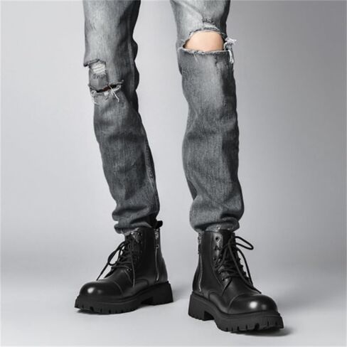 Men's Large Leather Boots British High-top Rubber Shoes Low-Heeled Lace-up Non-Slip wear-Resistant Comfortable Breathable Versatile Round-Toed Work Shoes for Men in Saudi Arabia