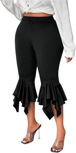 OYOANGLE Women's Plus Size Skinny Ruffle Capri Pants Elastic Waist Work Dressy Short Leggings in Saudi Arabia