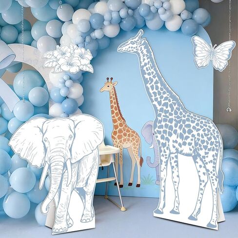 4PCS Blue Jungle Animal Cardboard Standee Set, Giraffe Elephant Cardboard Standee Cutouts, Safari Baby Shower Decorations for Birthday, Gender Reveal in Saudi Arabia