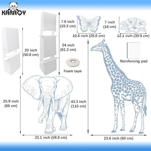 4PCS Blue Jungle Animal Cardboard Standee Set, Giraffe Elephant Cardboard Standee Cutouts, Safari Baby Shower Decorations for Birthday, Gender Reveal in Saudi Arabia
