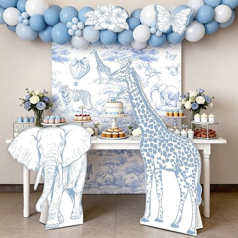 4PCS Blue Jungle Animal Cardboard Standee Set, Giraffe Elephant Cardboard Standee Cutouts, Safari Baby Shower Decorations for Birthday, Gender Reveal in Saudi Arabia