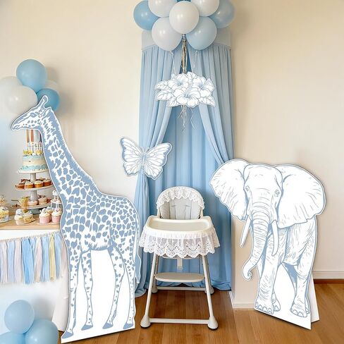 4PCS Blue Jungle Animal Cardboard Standee Set, Giraffe Elephant Cardboard Standee Cutouts, Safari Baby Shower Decorations for Birthday, Gender Reveal in Saudi Arabia