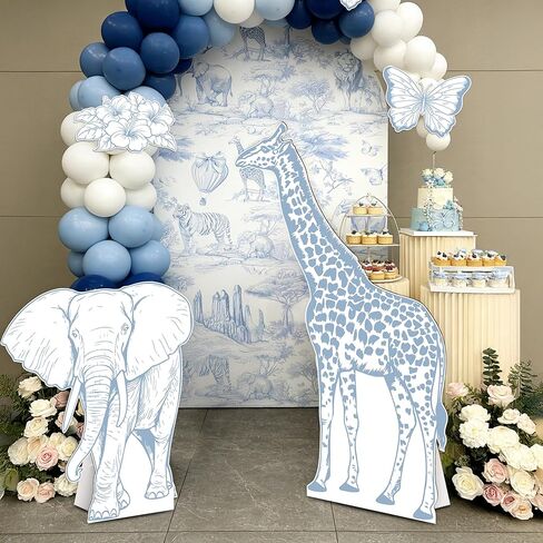 4PCS Blue Jungle Animal Cardboard Standee Set, Giraffe Elephant Cardboard Standee Cutouts, Safari Baby Shower Decorations for Birthday, Gender Reveal in Saudi Arabia