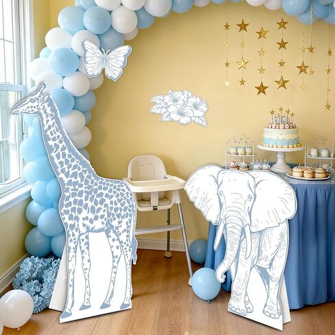 4PCS Blue Jungle Animal Cardboard Standee Set, Giraffe Elephant Cardboard Standee Cutouts, Safari Baby Shower Decorations for Birthday, Gender Reveal in Saudi Arabia
