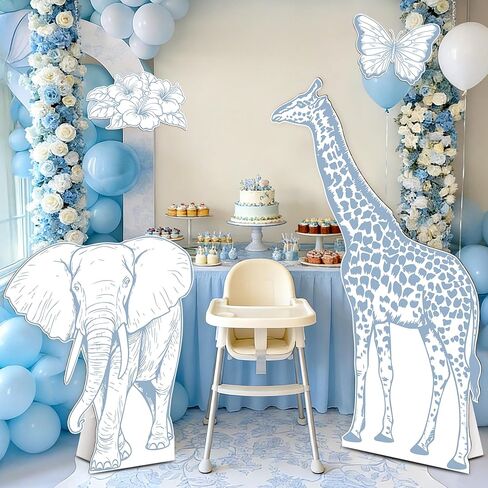 4PCS Blue Jungle Animal Cardboard Standee Set, Giraffe Elephant Cardboard Standee Cutouts, Safari Baby Shower Decorations for Birthday, Gender Reveal in Saudi Arabia