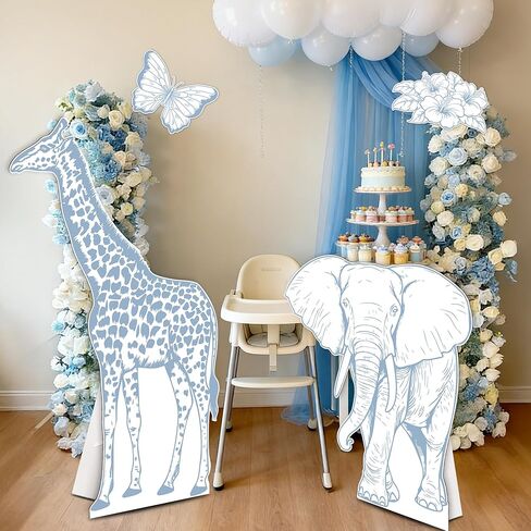 4PCS Blue Jungle Animal Cardboard Standee Set, Giraffe Elephant Cardboard Standee Cutouts, Safari Baby Shower Decorations for Birthday, Gender Reveal in Saudi Arabia