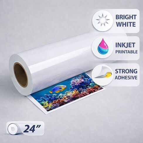 Glossy Bright White Printable Vinyl Sticker Roll, 24" x 1200" Waterproof Labels Roll for Roll-Feed Inkjet Printer With 3 Inch Core – 80µ Thick, Strong Adhesive, Water-Resistant Sticker Material in Saudi Arabia